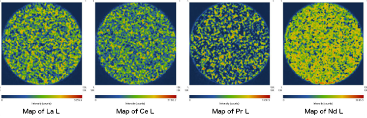 Aufnahmen mittels Röntgenfluoreszenzanalyse (XRF), die die homogene Verteilung der Legierungselemente auf der OES-Probe (D=35mm) zeigen. Legierung MgAl4Ce2La1NdPr